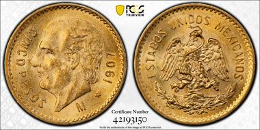 1907-M 5 Peso KM-464  Au MS64