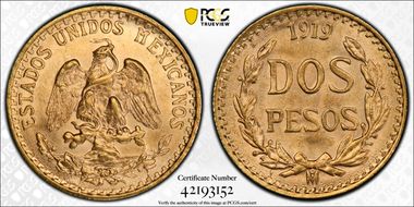 1919-Mo 2 Peso KM-461  Au MS64