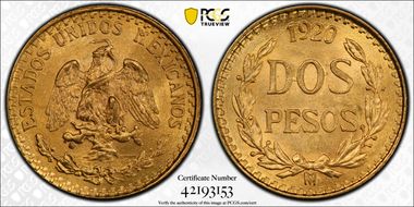 1920-Mo 2 Peso KM-461  Au MS65