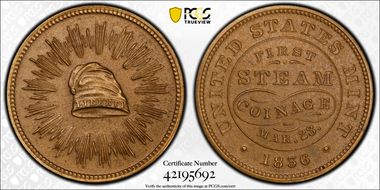 "1836" Medal J-MT-21, First Steam Coinage Yellow Bronze Restrike MS65