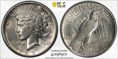 1921 $1 High Relief, Peace N1