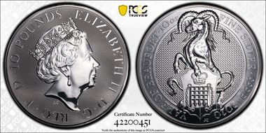 2020 £10 Yale of Beaufort Queen's Beasts 10oz Ag MS68