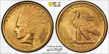 1907 $10 Indian MS66+ 