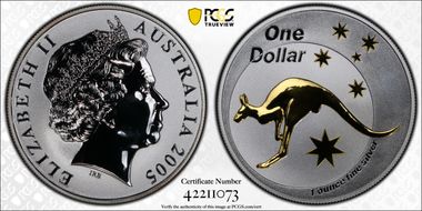 2005 $1 Kangaroo Ag Selective Gilt MS69