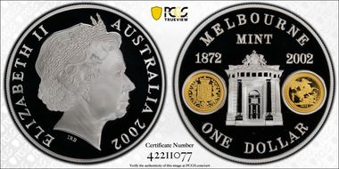 2002 $1 Melbourne Mint KM-660 Select Gilt  Ag PR70DCAM