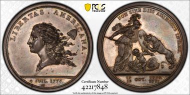 1776 (1783) AR Medal Betts-615, Libertas Americana MS63+