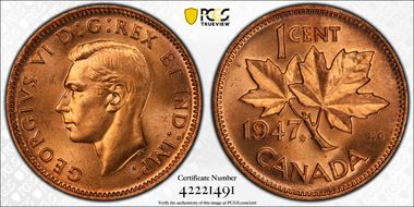 1947 1C Maple Leaf Pointed 7 MS66RD