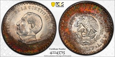 1957-Mo 10 Peso 100 Years - Constitution KM-475  Ag MS64