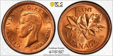 1947 1C Maple Leaf Blunt 7 MS65RD