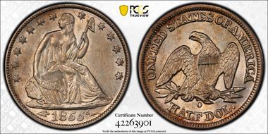 1855-O 50C Arrows AU58