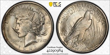 1921 $1 High Relief, Peace MS63