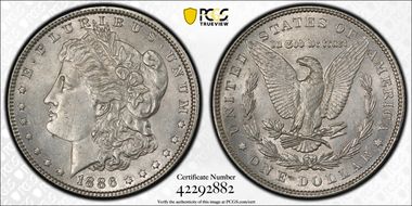 1886 $1 VAM 1C, 3+2 Rev. Clash AU58