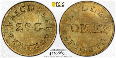 (1837-42) G$1 C. Bechtler, 28.G Centered N Reversed MS64