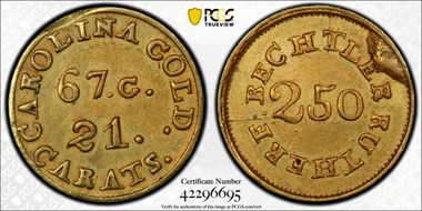 (1837-42) $2.50 C. Bechtler, 67 Grains, 21 Carats MS62
