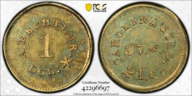 (1842-50) G$1 A. Bechtler 27 Grains, 21 Carat PE MS63