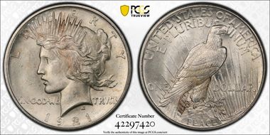 1921 $1 High Relief, Peace MS64