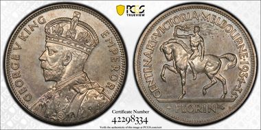 1934-35 Florin Centennial KM-33  Ag MS65