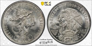 1968-Mo 25 Peso Olympic KM-479.1 Rings Align, Straight Tongue MS66