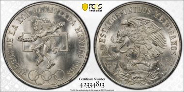 1968-Mo 25 Peso Olympic KM-479.1 Rings Align, Straight Tongue MS67