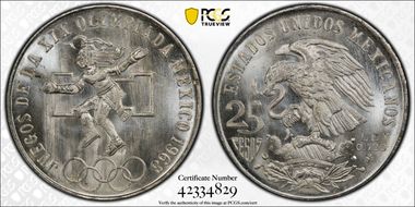 1968-Mo 25 Peso Olympic KM-479.1 Rings Align, Straight Tongue MS65