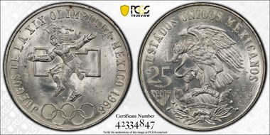 1968-Mo 25 Peso Olympic KM-479.1 Rings Align, Straight Tongue MS63