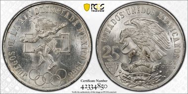 1968-Mo 25 Peso Olympic KM-479.2 Low Cntr Ring, Str. Tongue MS65