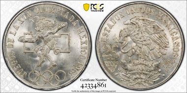 1968-Mo 25 Peso Olympic KM-479.1 Rings Align, Straight Tongue MS65