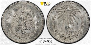 1932-M Peso KM-455  Ag Closed 9 MS66