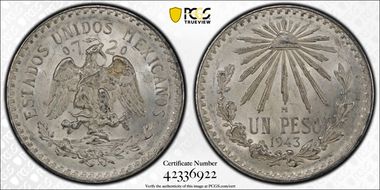 1943-M Peso KM-455  Ag MS65