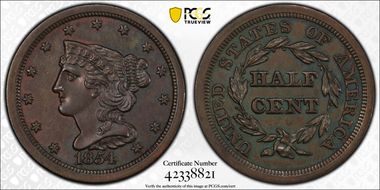1854 1/2C AU58BN