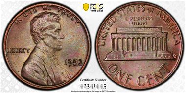 1982 1C Bronze, Large Date MS65BN