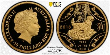2018 $10 Year of the Dog Au PR68DCAM