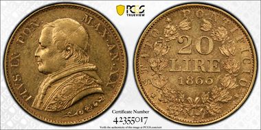 1866-R 20 L Anno XX Reeded Edge AU55