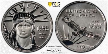 1998 $10 Statue of Liberty Mint Engravers Series Mercanti Flag MS70