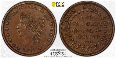 1837 Token HT-52 Copper Liberty-Not One Cent AU55BN