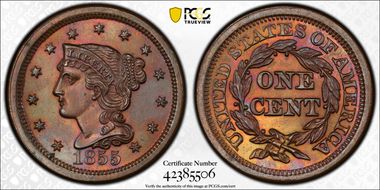 1855 1C Upright 55 MS65BN