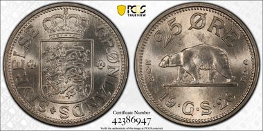 1926 HCN GJ 25 Øre KM-5 w/o Hole MS64