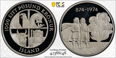 1974 1000 Kr 1100 Years - 1st Settlement KM-21  Ag PR68DCAM