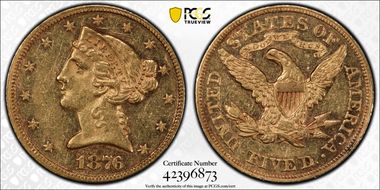 1876 $5 AU55