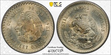 1947-Mo 5 Peso Cuauhtemoc KM-465 Ag MS64