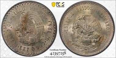 1947-Mo 5 Peso Cuauhtemoc KM-465 Ag MS63