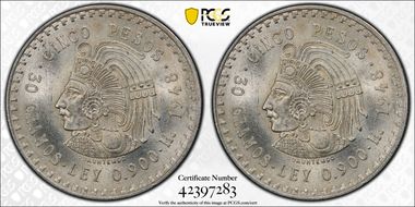 1948-Mo 5 Peso Cuauhtemoc KM-465  Ag MS65