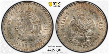 1948-Mo 5 Peso Cuauhtemoc KM-465  Ag AU58