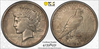 1921 $1 High Relief, Peace XF40