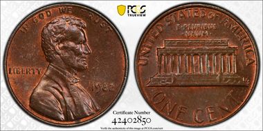 1982 1C Bronze, Small Date AU58BN