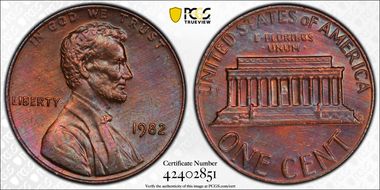 1982 1C Bronze, Small Date MS63BN