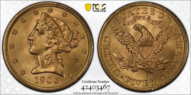 1906 $5 MS66+