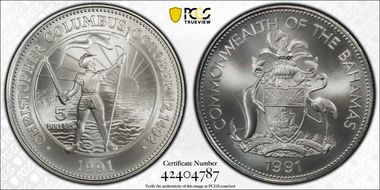 1991 $5 KM-132 Columbus MS70