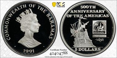 1991 $5 Columbus KM-140 Americas 500th Anniversary PR69DCAM