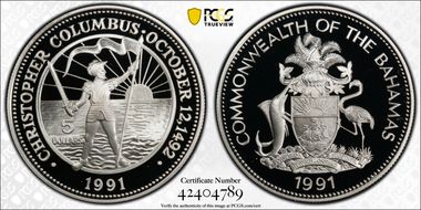 1991 $5 KM-132 Columbus PR69DCAM